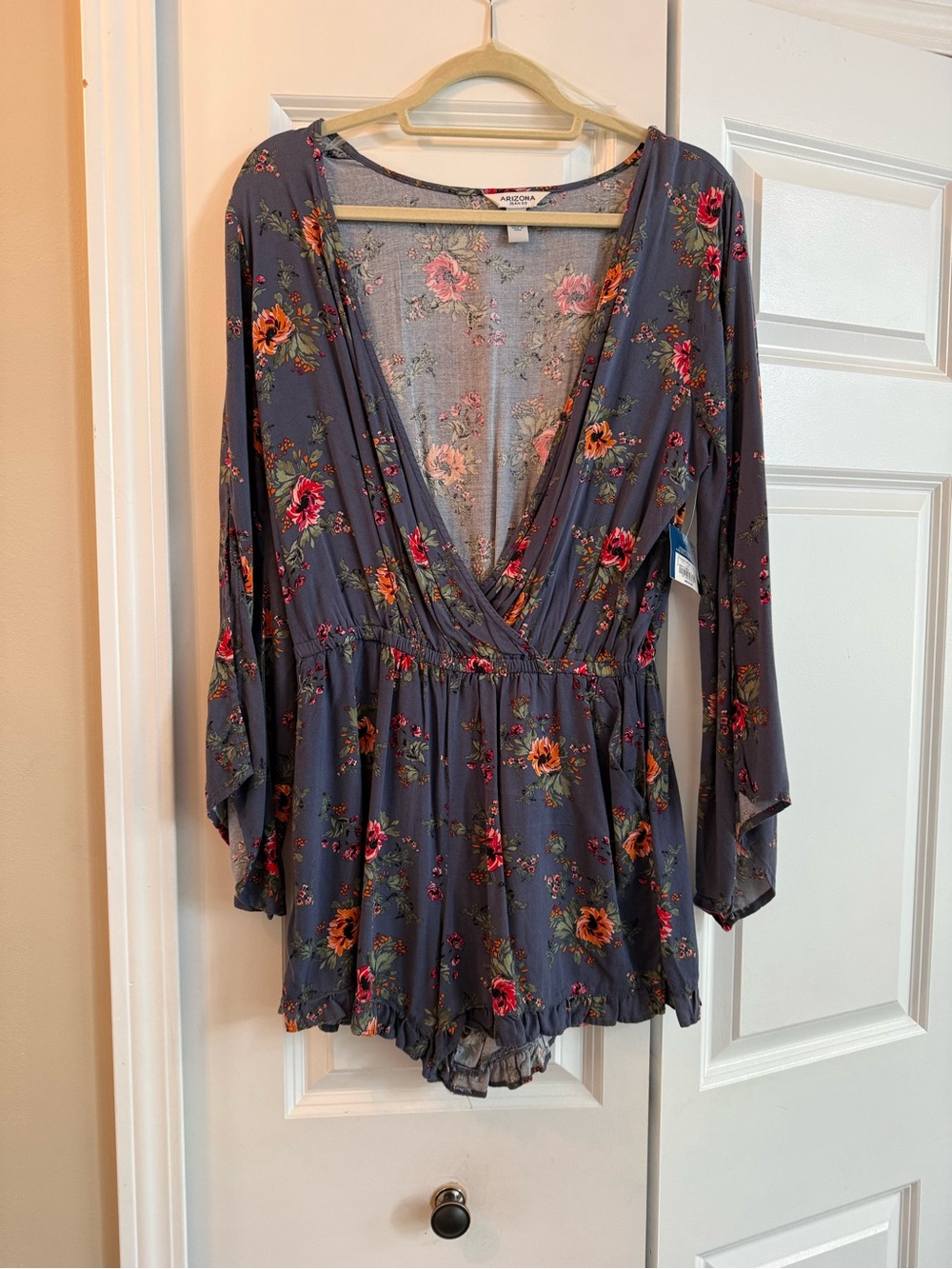 Arizona Jean Company Slate Floral Wrap-Front Long Sleeve Bodysuit